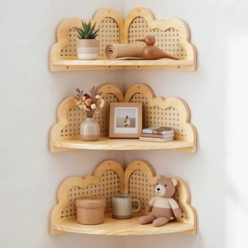 3 Pcs Cloud Floating Corner Shelf Set Boho Rattan Storage with Natural Pine Wood Frame Cute Corner Shelves for Wall Home