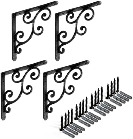 NACH Decorative Shelf Brackets, 2 Pack of 5.5 x 0.7 x 5.5 inch, Black Cast Iron Shelving Brackets - Metal Shelf Brackets