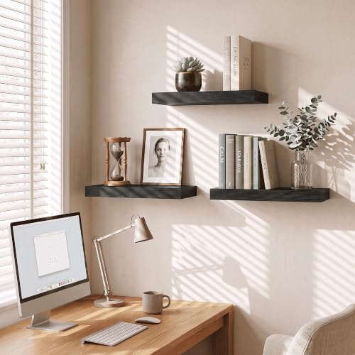 16 Inch Floating Shelves for Bathroom Black, 8" Deep Wall Shelf, Set of 3