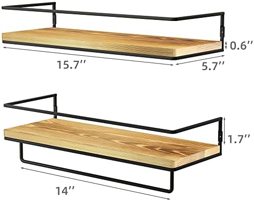 ZGO Floating Shelves for Wall Set of 2, Wall Mounted Storage Shelves with Metal Frame and Towel Rack for Bathroom, Kitch