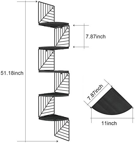 Love-KANKEI Corner Wall Shelf 5 Tier,Solid Wood/Metal Bracket,51"Tall,Black