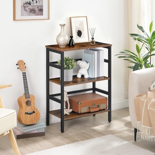 HOOBRO 3 Tier Bookshelf, 23.6" L Industrial Bookcase, Record Storage Rack with Side Fence, Storage Shelf with Metal Fram
