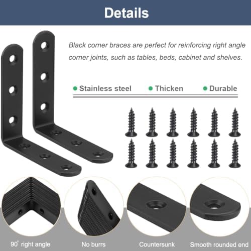 4 Pcs Black L Bracket Corner Braces Stainless Steel 4" x 4" Shelf Bracket for Wood, Shelves, Furniture, 90 Degree Suppor
