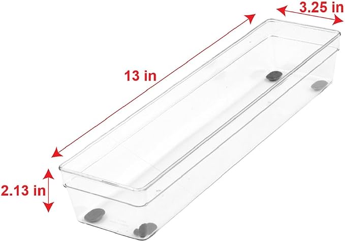Glad Plastic Drawer Storage Tray – Heavy Duty Organizer Bin for Home, Kitchen, Bath, Bedroom, Office | Non-Slip Feet, 13" x 3.25", Clear