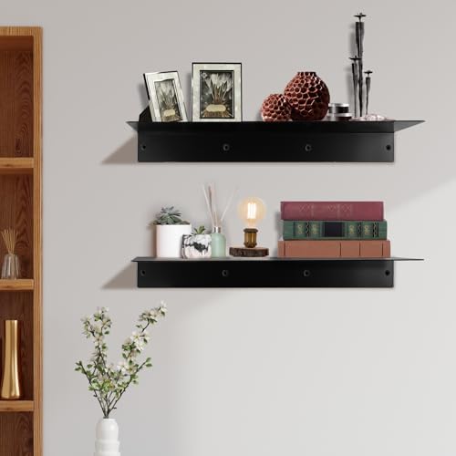 RealPlus Metal Floating Shelf 16.8" x 8" Modern Heavy Duty Steel Wall Mount Shelf, Black (Pack of 2)