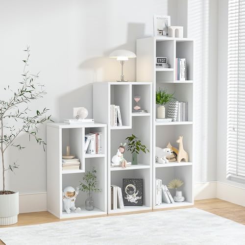 VECELO 4-Tier Bookcase, Modern Storage Cabinet with Height Difference Shelves for Standard Textbooks, 5 Cubes, Vertical 