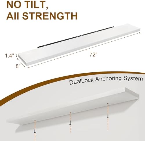 Fun Memories 72 Inch Floating Shelves for Wall, 8 Inch Deep Floating Shelf, Large Shelves with Invisible Bracket for Boo