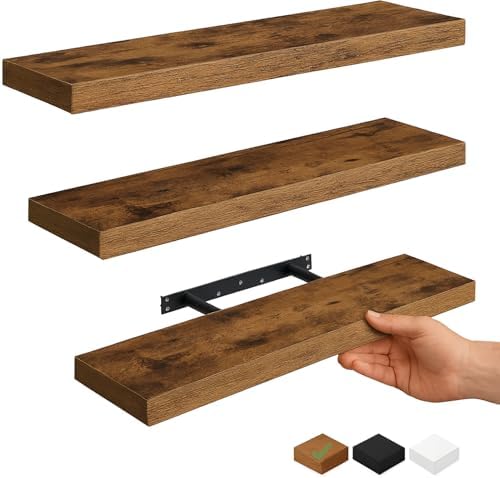 Vervida® Rustic Brown Floating Wall Shelves 24in Set of 3 Holds 38lbs