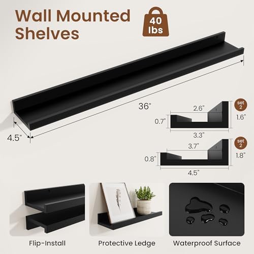 Heimlove Picture Ledge Shelf,36 inch Long Floating Shelves for Wall Set of 4,Black Picture Shelf with Lip for Wall Decor