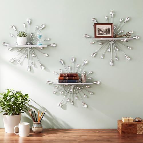 Yaocom Set of 3 Crystal Floating Wall Shelves, Silver Teardrop Metal Wall Mount Storage Shelf, Decorative Floating Displ