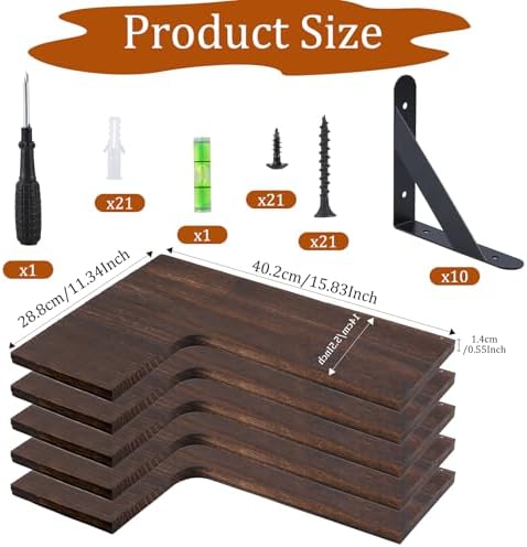 5 Pack Floating Shelves, Rustic Wood, Dark Brown