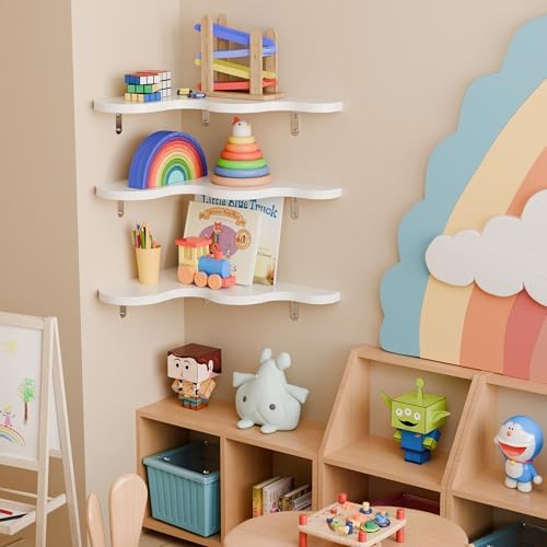 Cute Cloud Corner Shelves - Set of 3 White Wooden Floating Corner Shelves Wall Mounted, 90-Degree Space-Saving Nursery S