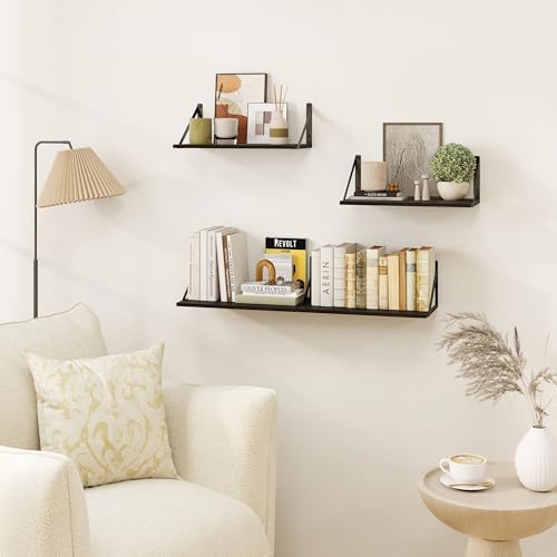 Heimlove Black Deep Floating Shelves for Wall, 16W x 8D Wood Wall Shelves Set of 2, Wide Floating Bookshelf for Living R