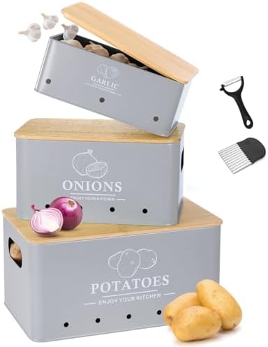 Kitchen Vegetable Storage Set of 3, Metal Onion Garlic Potato Storage Set, Kitchen Canisters Vegetable Keeper Containers