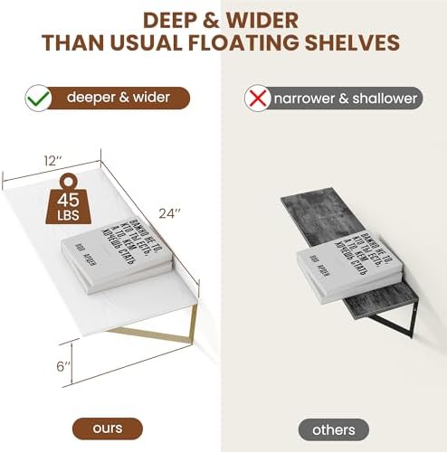 Heimlove 24W x 12D Deep Floating Shelves Set of 2 White & Gold