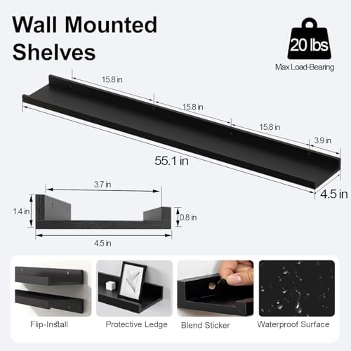 Black Floating Shelves for Wall Decor, 56 in Shelf with Lip Set of 2