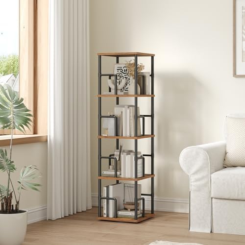 MAHANCRIS 4-Tier Rotating Bookshelf, Freestanding Corner Bookshelf, 360° Spinning Bookcase, Industrial Style Storage Rac