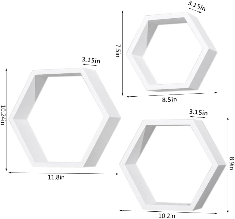 AHDECOR Hexagon Floating Shelves Set of 3, White Engineered Wood Wall Mounted Display Shelves, Modern Honeycomb Wall Dec