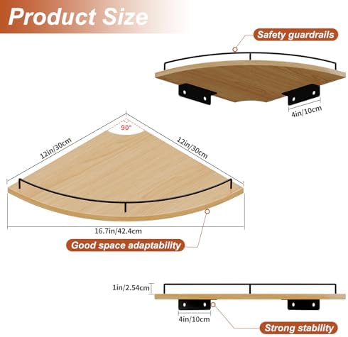 JJL Corner Shelf Wall Mounted, 12 Inches 2-Tier Floating Corner Shelf, Fan-Shaped Rustic Wood Decor with Fence, Natural 