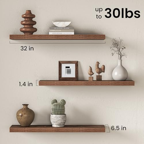 32 Inch Floating Shelves for Wall, Wood Wall Mounted Deep Storage Shelves with Invisible Brackets, Large Decorative Disp