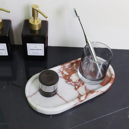 Natural Marble Tray, Oval Vanity Decorative Tray for Bathroom Counter, Countertop Stone Organizer, Catchall Tray for Kit