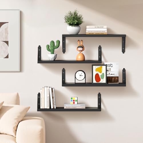 ROMGUAR CRAFT Wood Wall Floating Shelves Set of 4, 17" x 6" - Black