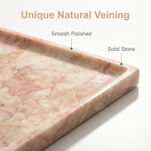 Pink Marble Tray for Vanity, Slim Natural Stone Decorative Tray for Bathroom, Perfume Organizer, Jewelry Dish, Kitchen &