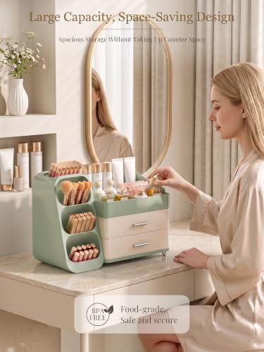 Booklov Large Makeup Organizer for Vanity Countertop, Green Cream