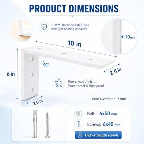 WINKER Countertop Support Bracket 3 Pack Heavy Duty 3/8" Thick Hidden L Shelf Bracket 10" x 6" x 2.5" Metal Corbels for 