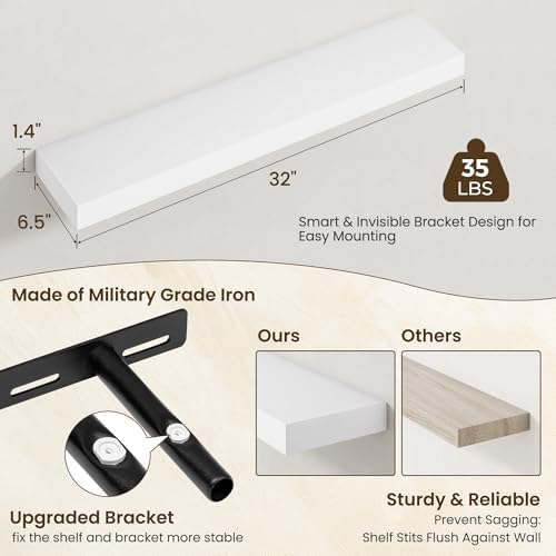 Axeman 32Inch Floating Shelves for Wall, 2 Packs, Invisible Brackets, White