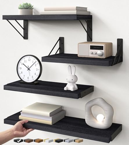 BAYKA Wall Mounted Black Floating Shelves for Wall (Set of 4, 16" Mixed)