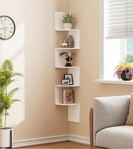 VIMBER 5-Tier Corner Shelf Wall Mount, Corner Bookshelf, Industrial Corner Ladder Shelf, Modern Display Shelf for Living