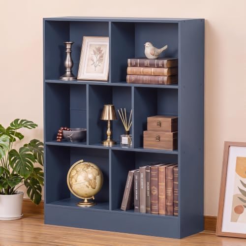 YAHARBO 3 Tier 7 Cube Mini Thin Bookshelf,Short Shallow Bookcase,Dark Blue