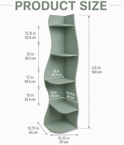 5-Tier Wavy Corner Shelf with Curvy Shape for Small Space,Sage Green