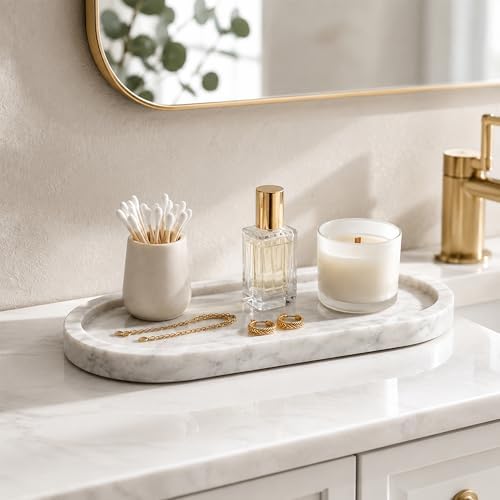 Natural Marble Vanity Tray Waterproof Italy Stone Bathroom Organizer for Perfume, Candles & Jewelry Non-Slip Oval Storag