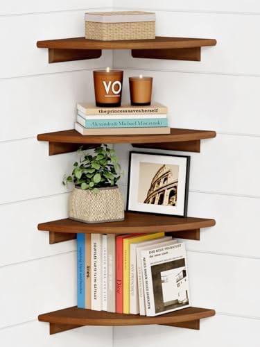 Forbena Corner Bookshelf Wall Mounted Set of 4, Wooden Floating Book Shelves for Nursery, Large Wall Shelving Unit for L