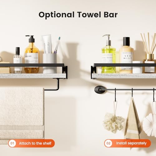 Amada Bathroom Shelves with Towel Bar, Set of 2, White