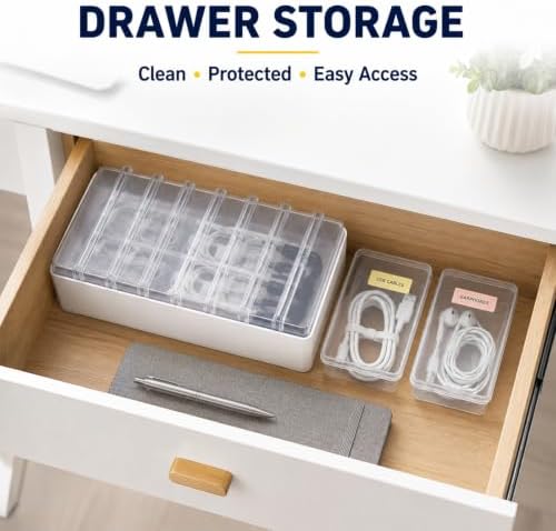 Cable Organizer Storage Box 2 Pack with 14 Clear Cases for Cords & Wires