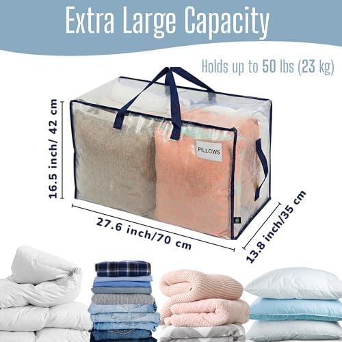 VENO 4 Pack Clear Extra Large Moving Bags & Storage Totes, Heavy Duty Organizer with Reinforced Handles & Strong Zippers for Clothes, College Dorm Essentials, Moving Supplies