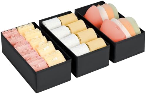 DIMJ Drawer Organizer - Small Clothes Organizer Set of 3, Drawer Dividers for Baby Clothes, Underwear, Socks, Bra, Belt, Tie - Black