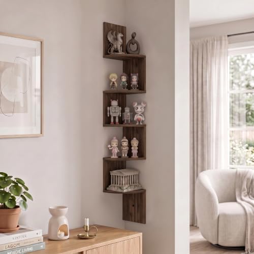 Furinno Rossi 5-Tier Corner Floating Book Shelves for Wall, Columbia Walnut