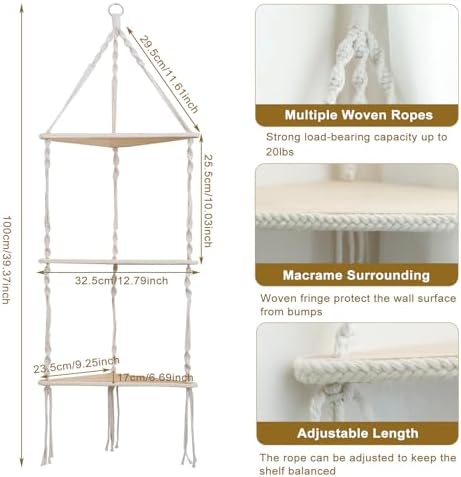 Artilady Corner Shelves Macrame Wall Hanging, 3 Tier Boho Storage
