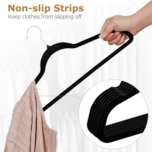 SUPER DEAL Velvet Hangers 100 Pack, Premium Clothes Hanger Slim Non-Slip Notched for Suit Coat Pants Dress 360 Degree Swivel Space Saving Heavy Duty for Closet, Black