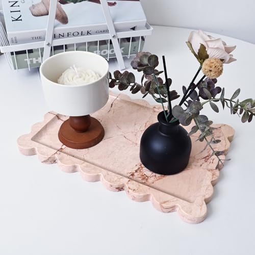 Yew & Tulip Natural Marble Vanity Tray with Scalloped Rim, Nature Rose Pink Luxury Stone Serving Tray for Bathroom, Kitc