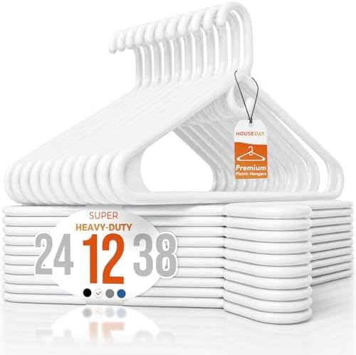 HOUSE DAY Heavy Duty Plastic Hangers 12 Pack - Thick White Clothes Hangers