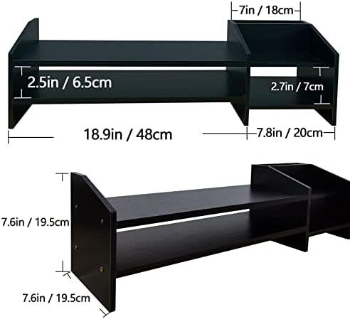 Computer Monitor Riser, 2 Tier Wooden Stand With Two Layer Storage Rack, Black Desktop Organizer for PC/Laptop, Home & O