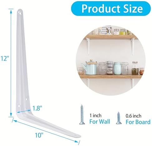 20 Pack Shelf Brackets 12 Inch, White Metal Brackets for Shelves, L Shape Shelving Brackets (White, 12" x 10")