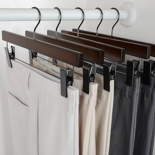TOPIA HANGER Pants Hangers, Wooden Skirt Trouser Hangers with 2 Adjustable Metal Big Clips, Premium Retro Finish and 360°Swivel Black Hook, Jean Slacks Hangers for Closet, 20 Pack, CT03A20