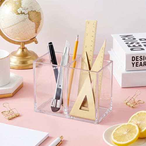 Gejoy 20 Pcs Acrylic Pencil Pen Holder for Desk, Clear 2 Compartment