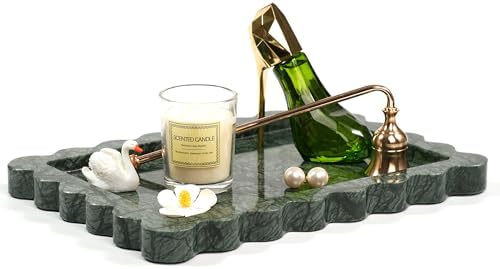 Scalloped Green Marble Tray - Large Home Decorative Stone Vanity Perfume Candle Plates for Bathroom Accessories Coffee T